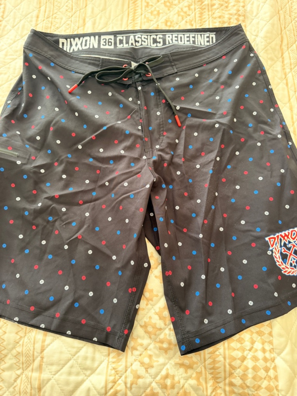 DIXXON Black Board Shorts with Red, Blue & White Dot Print